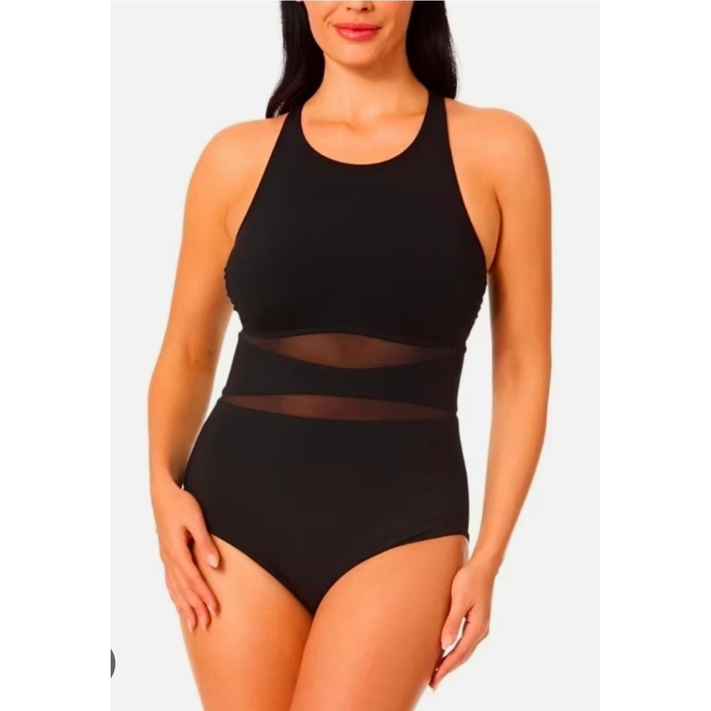 Lands' End Black Mesh One Piece Swimsuit High Neck UPF 50+ XXL 1956311
